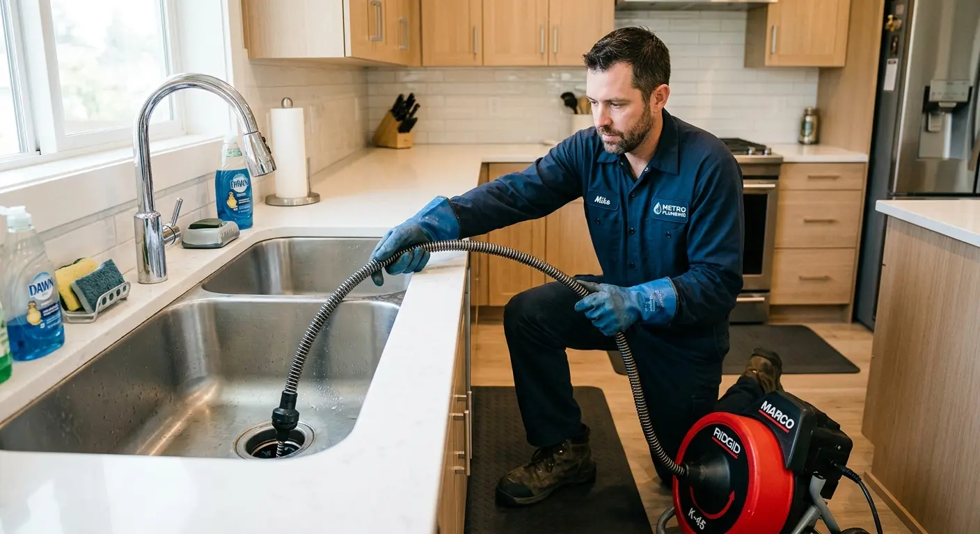 Drain cleaning technician using a motorized snake on a kitchen sink in Poland