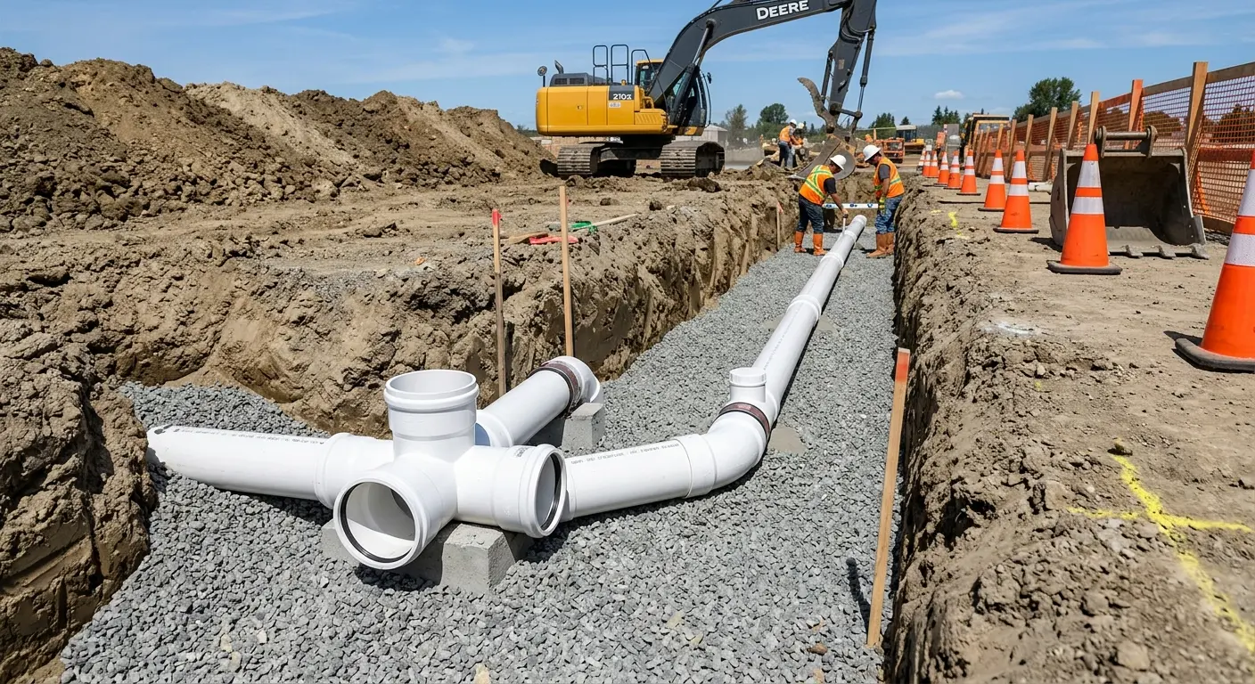 New PVC sewer pipe installation in open trench for Grease Trap Cleaning in Poland