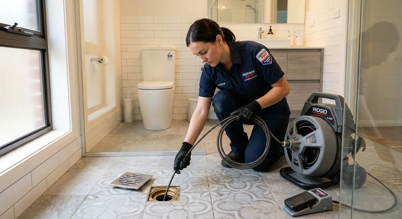 Technician clearing a bathroom floor drain for Hydro Jetting in Poland